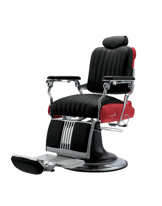 Takara Belmont Legacy 100 Premium Vintage Stripe barber chair with black upholstery and red body