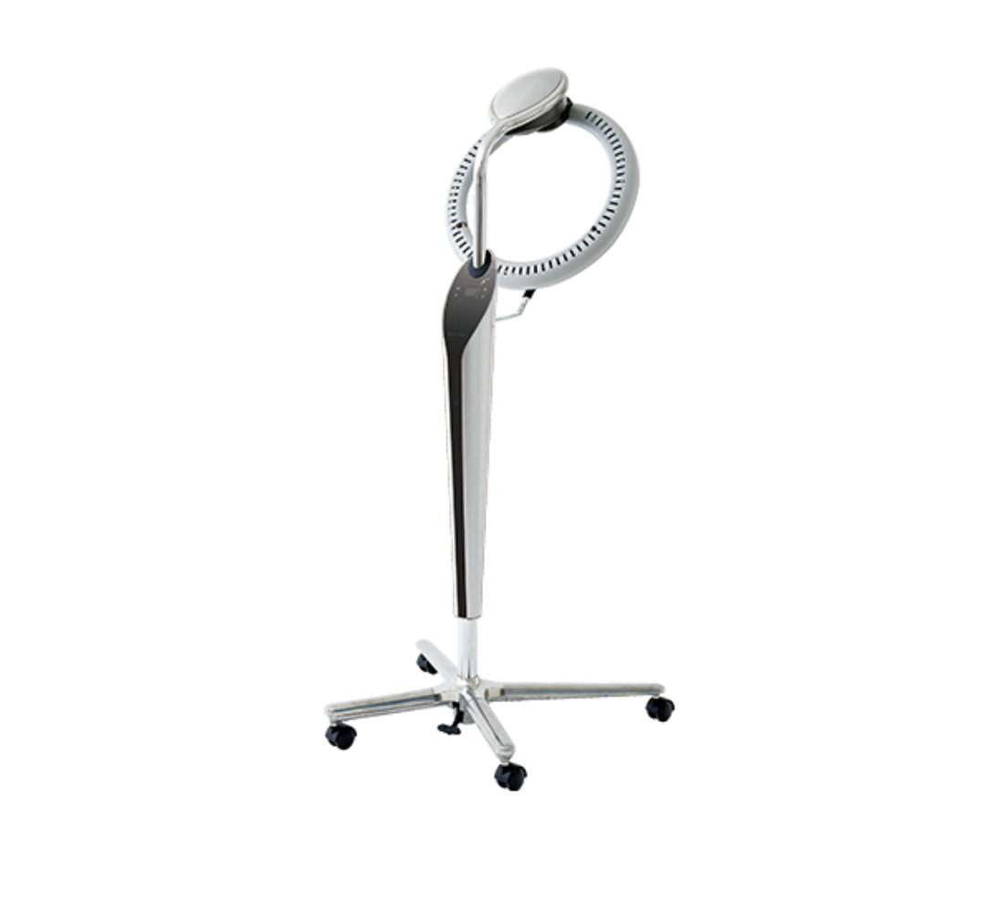 Takara Belmont Rollerball F hair color processor in white on a wheeled stand
