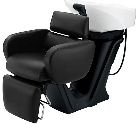 Black Takara Belmont RS Primo shampoo unit with white bowl and padded leg support