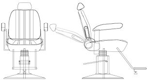 Front and side line drawings of the Takara Belmont Sportsman barber chair