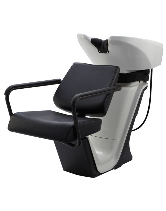 Takara Belmont RS Prime backwash unit with black upholstery and a white bowl