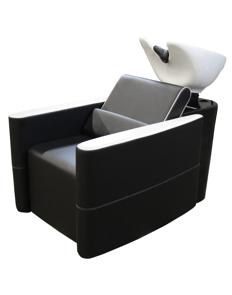 Black Takara Belmont Tessoro shampoo unit with white bowl and enclosed upholstered sides
