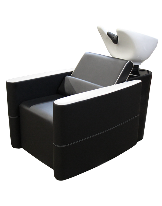 Black Takara Belmont Tessoro shampoo unit with white bowl and enclosed upholstered sides