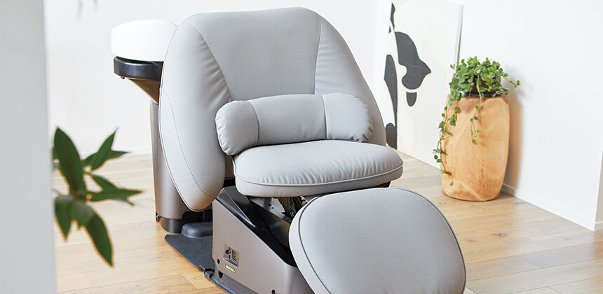 Gray Takara Belmont YUME Suite head spa chair with separate round leg support and white bowl