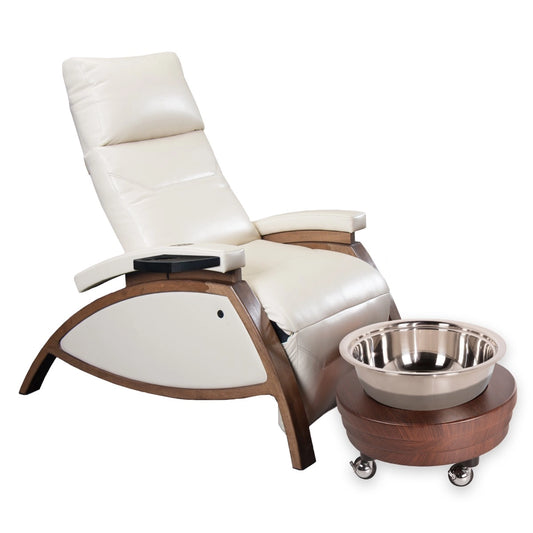 Living Earth Crafts ZG Dream lounger with a silver pedicure bowl on a rolling wood base
