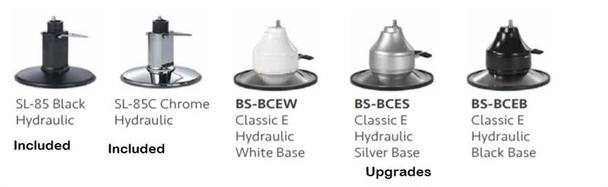 Takara Belmont barber chair base options in black, chrome and white finishes