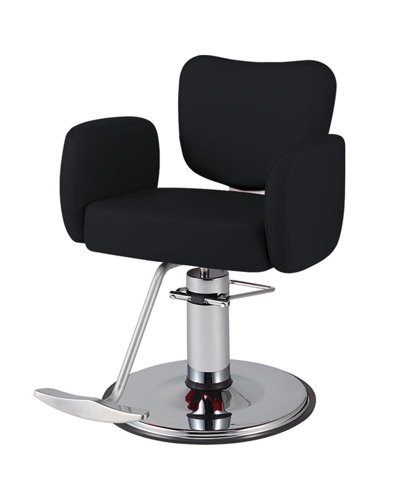 Takara Belmont Bellus chair with black upholstery, round chrome base and footrest