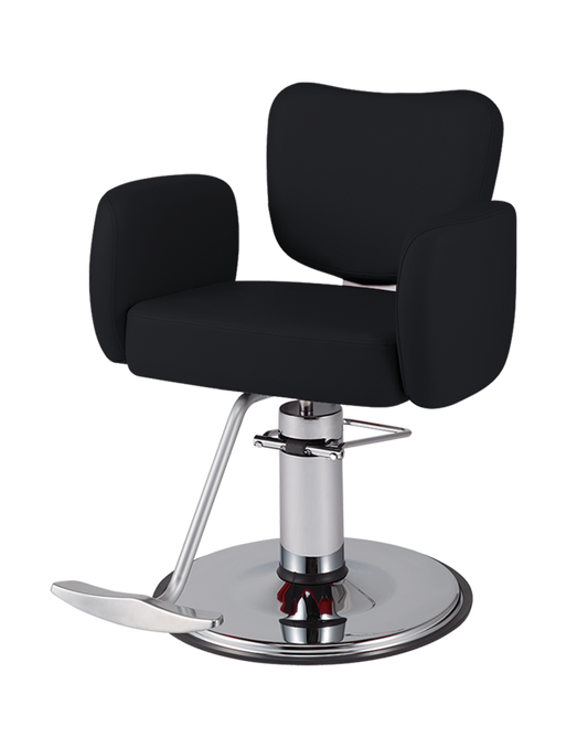 Takara Belmont Bellus chair with black upholstery, round chrome base and footrest