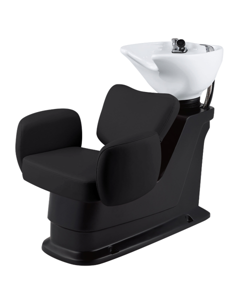 Takara Belmont Bellus shampoo backwash unit with a black chair and white bowl