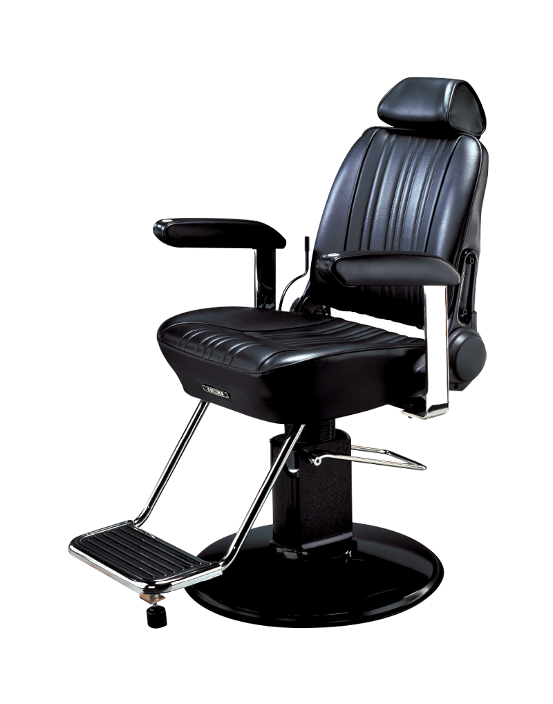 Takara Belmont Sportsman BB-141 barber chair in black on a black hydraulic base