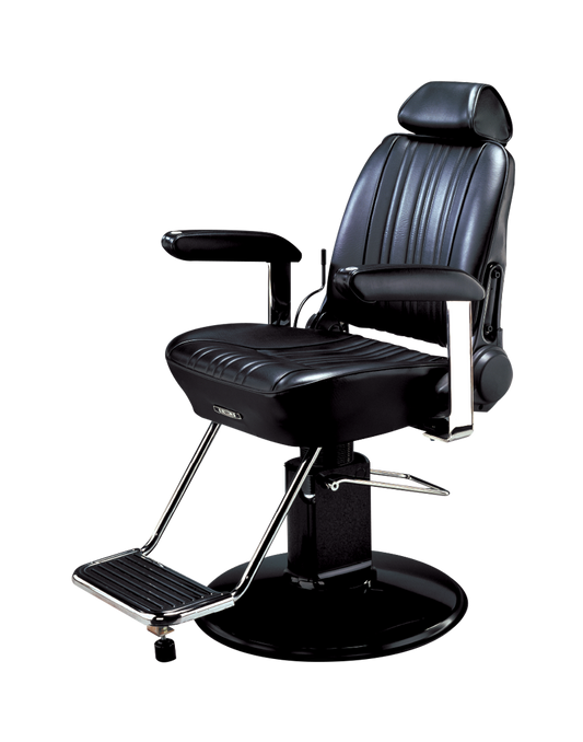 Takara Belmont Sportsman BB-141 barber chair in black on a black hydraulic base