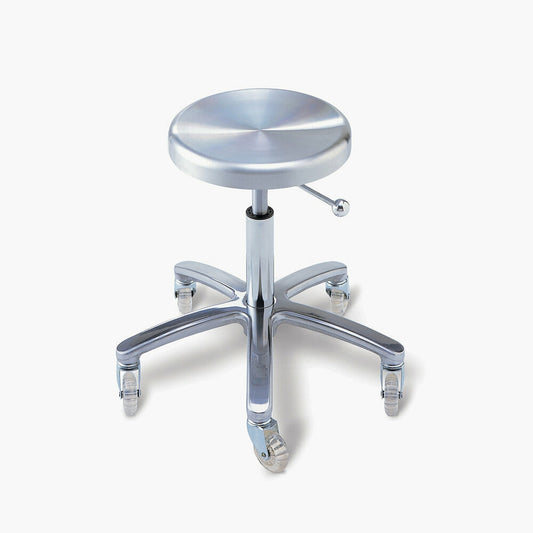 Takara Belmont D cutting stool with a silver round seat and five caster wheels