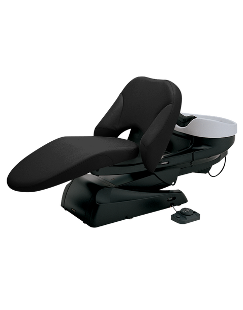 Takara Belmont YUME head spa shampoo unit with black upholstery and a white bowl
