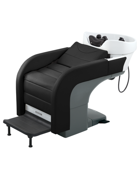 Takara Belmont YUME IXI shampoo unit with black upholstery, white bowl and extended leg support